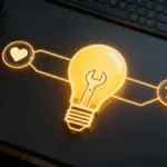 Symbolbild zum Thema Online Business Idee finden: Ein Herz, ein Werkzeug und ein Stern verbinden sich zu einer leuchtenden Glühbirne.