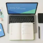 Ein aufgeräumter Schreibtisch mit kostenlosen Werkzeugen, die zeigen, wie man ein Online Business starten ohne Kosten kann.