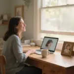 Eine Mutter sitzt nachdenklich an ihrem Schreibtisch und plant ihre Selbstständigkeit als Mutter.
