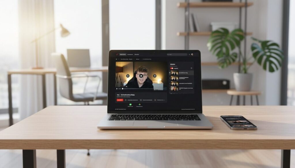 Ein Laptop auf einem Schreibtisch zeigt das Logo von The Affiliate Code – Symbol für die positiven Erfahrungen mit dem System.