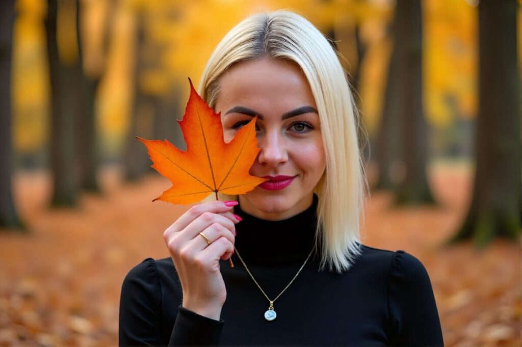 Die Autorin Lenka steht nachdenklich in einem herbstlichen Wald und fasst den Entschluss, ihre Zukunft selbst zu gestalten.