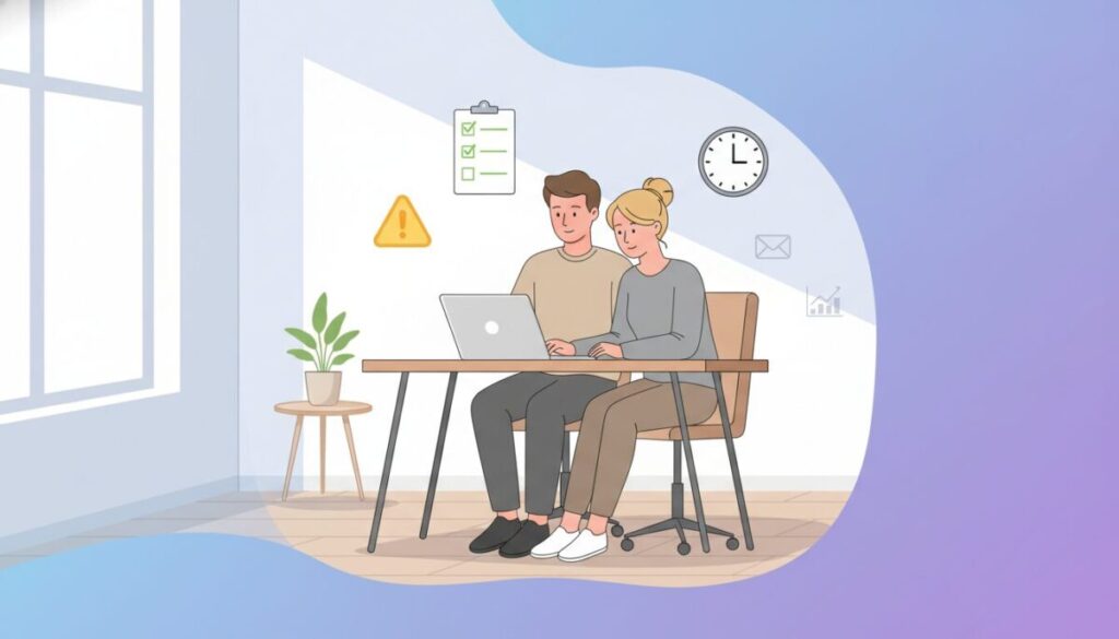 Affiliate Marketing Fehler Eltern – europäisches Elternpaar arbeitet am Laptop mit Warnsymbol, Checkliste und Uhr