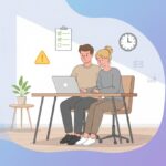 Affiliate Marketing Fehler Eltern – europäisches Elternpaar arbeitet am Laptop mit Warnsymbol, Checkliste und Uhr