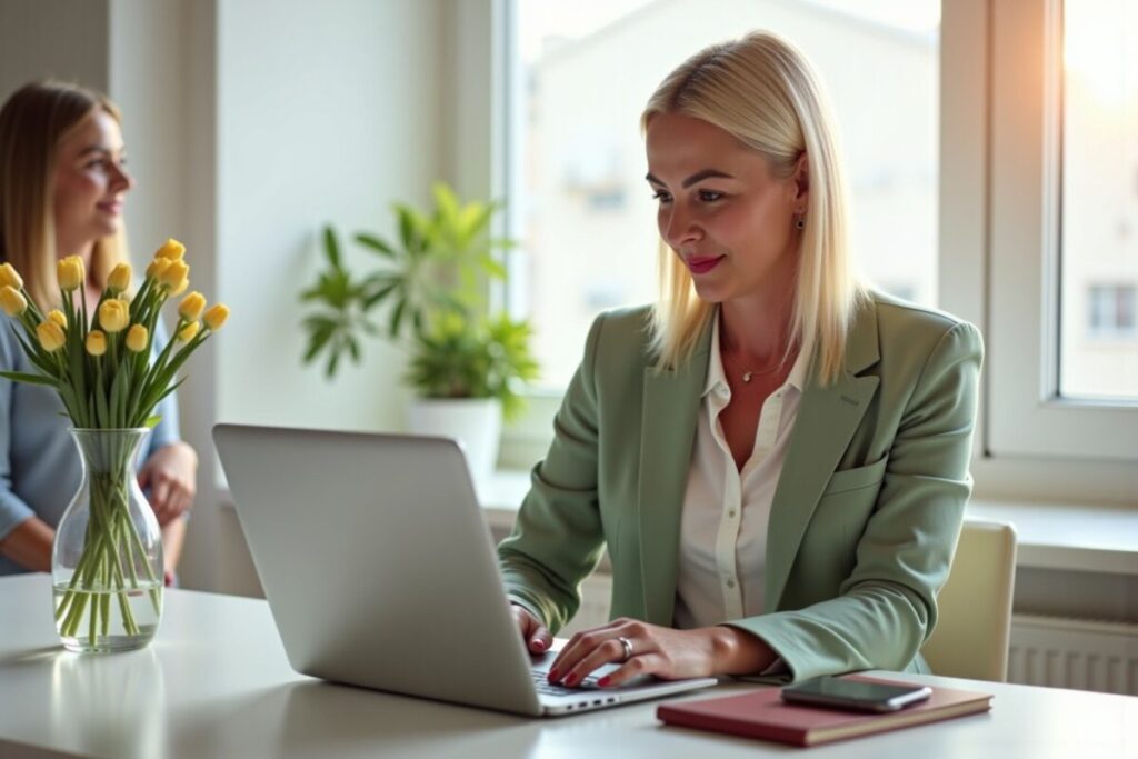 Professionelle Frau arbeitet konzentriert am Laptop im hellen Büro mit Blumen - Affiliate Marketing für Mamas ohne Erfahrung starten