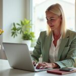 Professionelle Frau arbeitet konzentriert am Laptop im hellen Büro mit Blumen - Affiliate Marketing für Mamas ohne Erfahrung starten