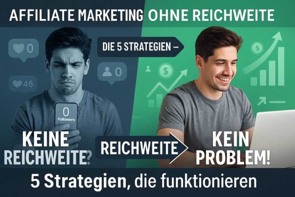 Affiliate Marketing ohne Reichweite starten - Vergleich zwischen Person ohne Follower und erfolgreicher Affiliate Marketer mit Wachstumsgrafiken
