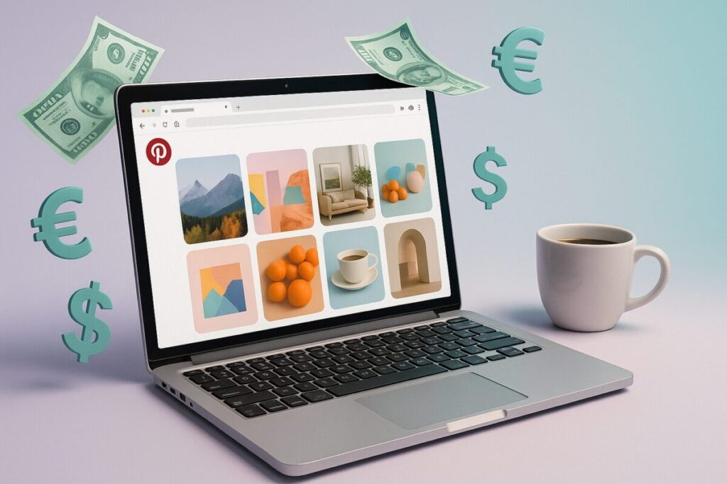 Pinterest Affiliate Marketing Anleitung - Laptop mit Pinterest Interface, schwebende Dollar und Euro Symbole und Kaffeetasse symbolisieren passives Einkommen im Home Office