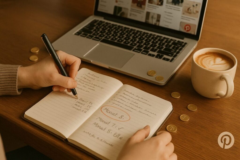 Pinterest Affiliate Marketing ehrliche Erfahrung – Handgeschriebenes Journal mit Notizen zu 8 Monaten Affiliate Marketing, 69 Euro Umsatz, Kaffeetasse und Laptop