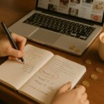 Pinterest Affiliate Marketing ehrliche Erfahrung – Handgeschriebenes Journal mit Notizen zu 8 Monaten Affiliate Marketing, 69 Euro Umsatz, Kaffeetasse und Laptop