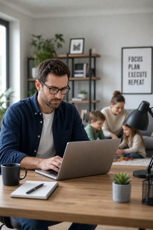 Vater arbeitet konzentriert am Laptop, während seine Familie im Hintergrund ist
