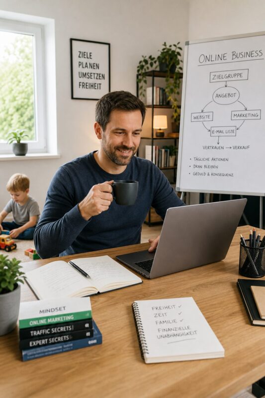 Familienvater plant am Schreibtisch seinen Einstieg ins Affiliate Marketing