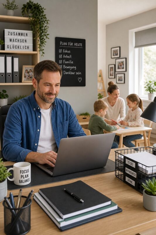 Vater arbeitet organisiert im Homeoffice mit seiner Familie im Hintergrund