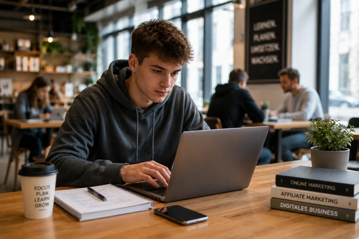 Azubi arbeitet im Café am Laptop und lernt Affiliate Marketing