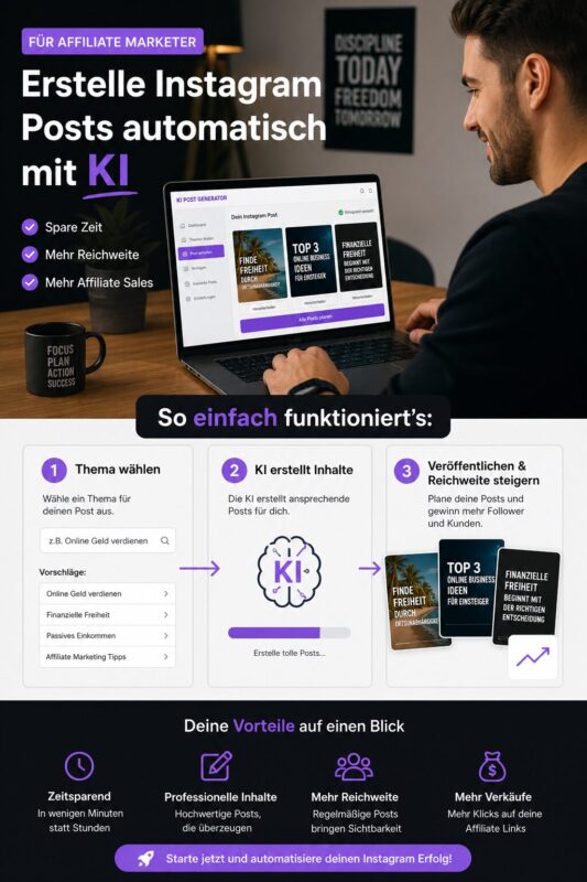 Affiliate Marketer nutzt KI Tool für Instagram Posts automatisch erstellen