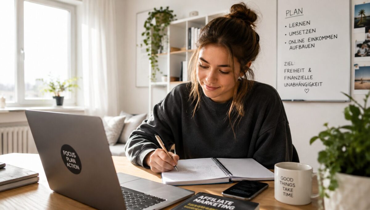 Studentin arbeitet zu Hause am Laptop an ihrem Online Business