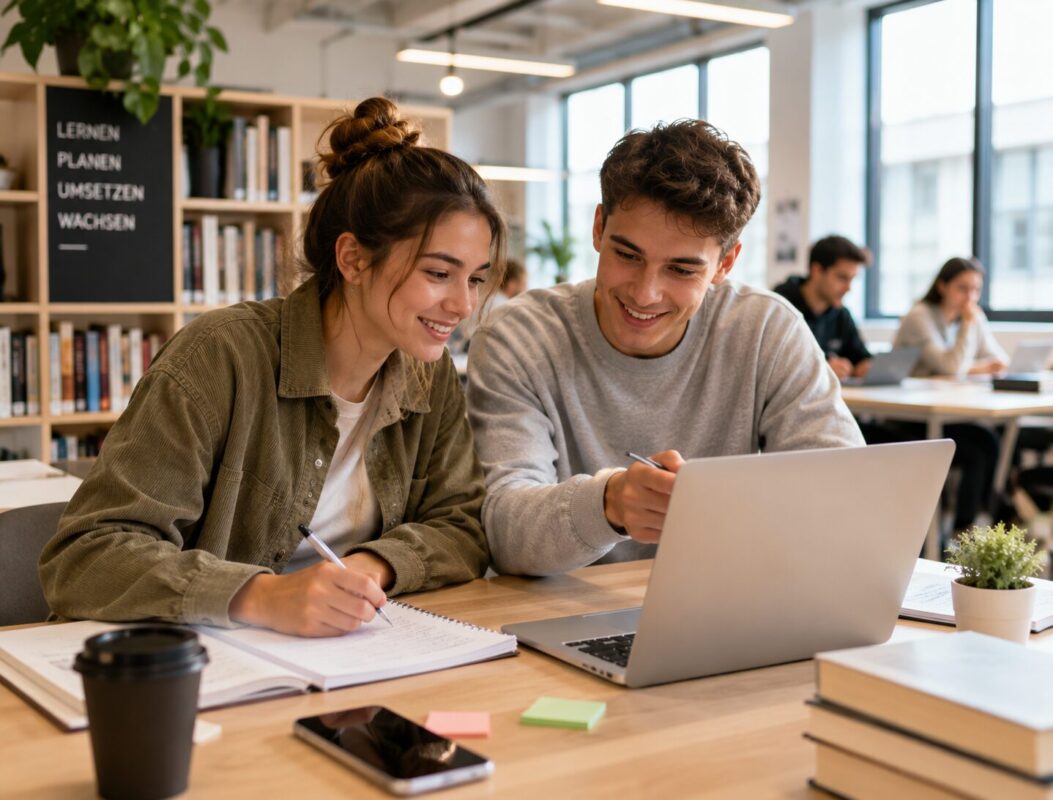 Studenten lernen gemeinsam Affiliate Marketing in einer Bibliothek