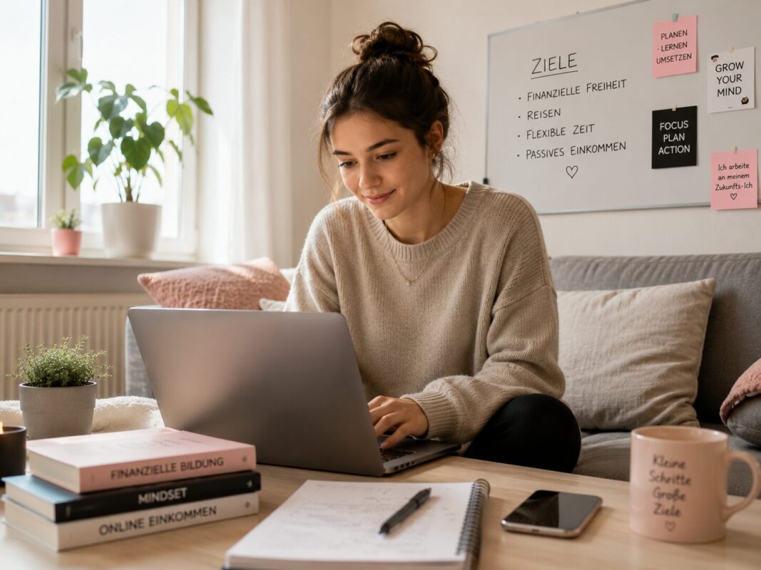 Studentin informiert sich zu Hause über ein flexibles Online Business