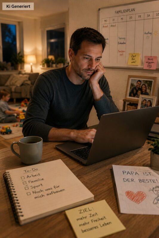 Berufstätiger Vater plant ein zweites Standbein am Laptop